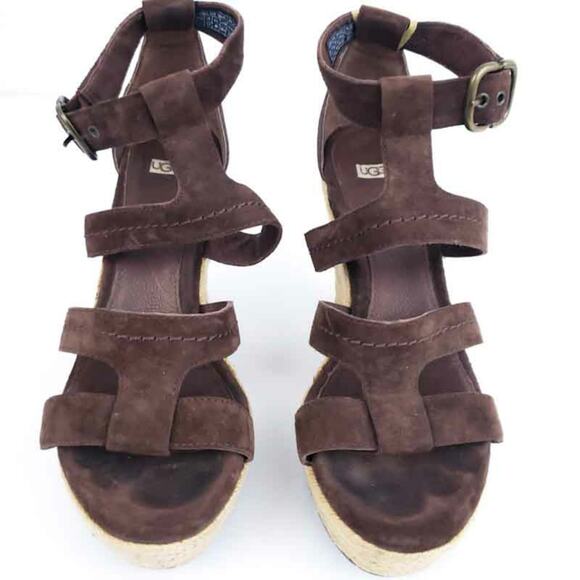 UGG Australia Brown Suede Wedges Lauri US 9 Festival Boho Platform Open Toe Shoe - Picture 6 of 9